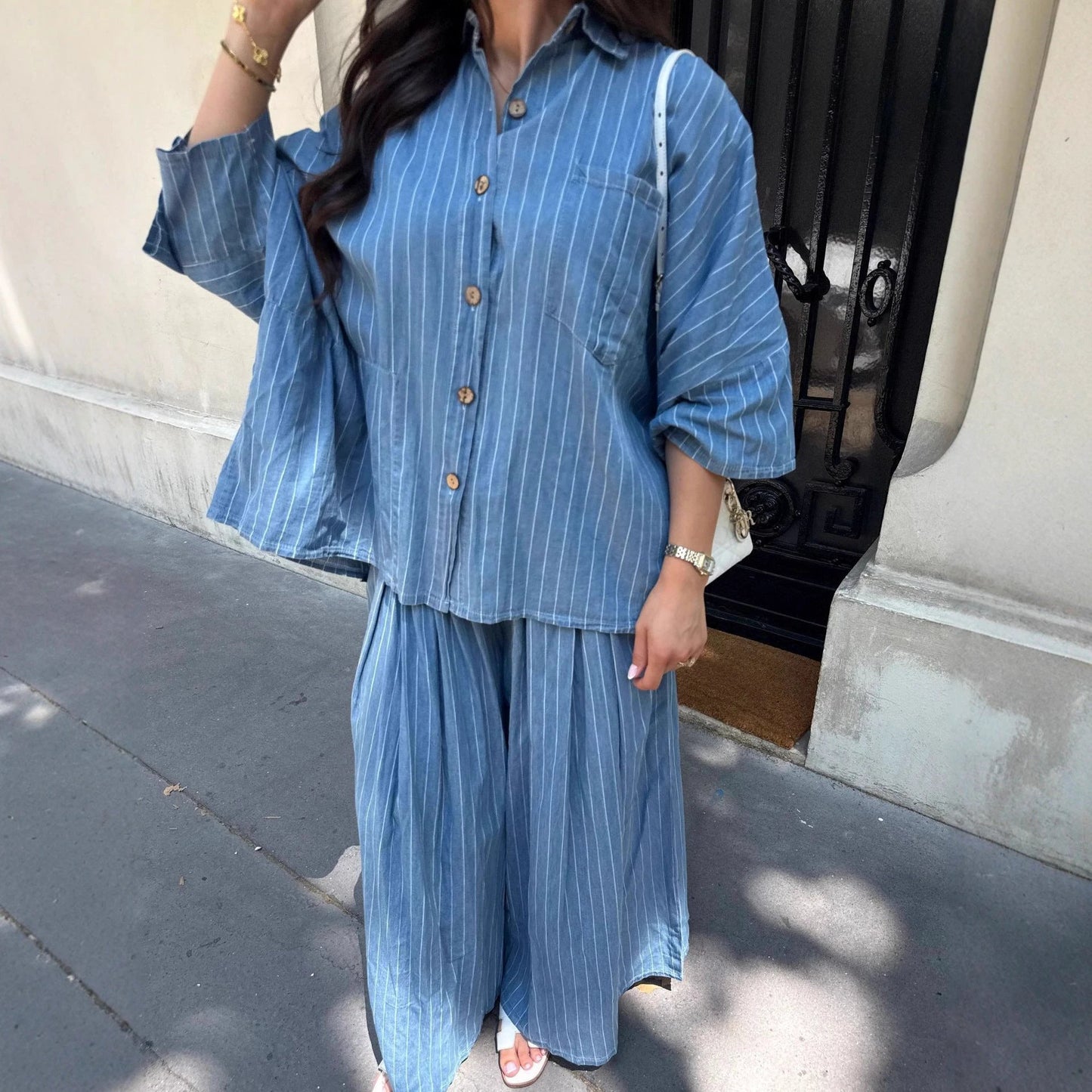 Casual Striped Shirt Wide Leg Pants Suit by GJG Denim