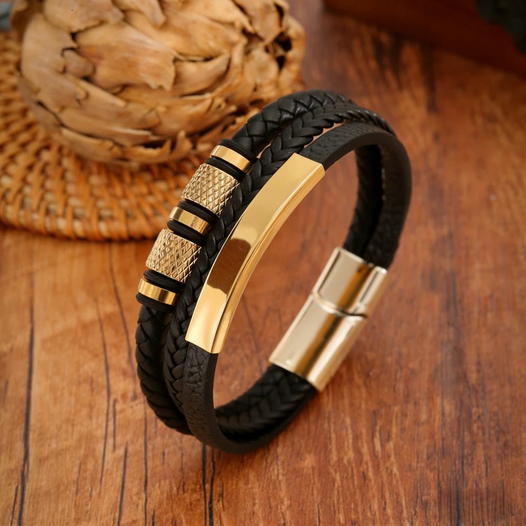 Men's Handmade Three-layer Braided Leather Bracelet by GJG Denim
