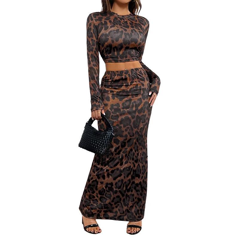 Round Neck Sexy Sheath Long Sleeve Leopard-print Slim-fit Split Suit by GJG Denim