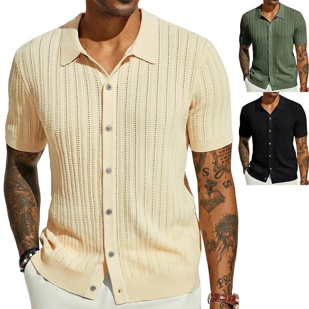 Summer Cool Knitted Men's Shirt Short Sleeved Lapel Solid Color by GJG Denim