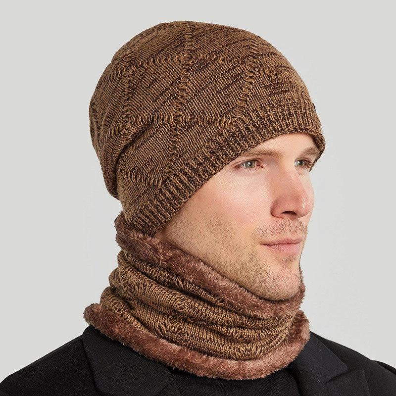 Men's Two-piece Woolen Hat With Head And Ear Protection and Neck Warmer by GJG Denim