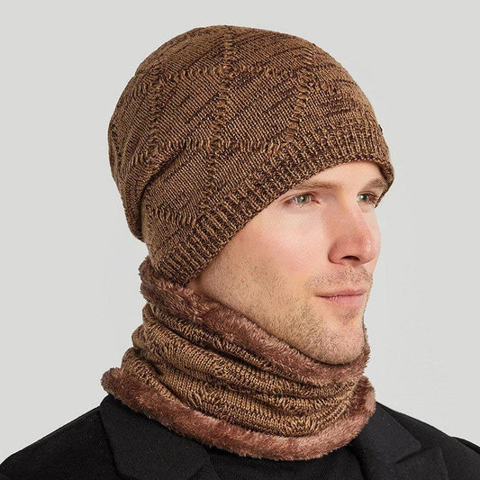 Men's Two-piece Woolen Hat With Head And Ear Protection and Neck Warmer by GJG Denim