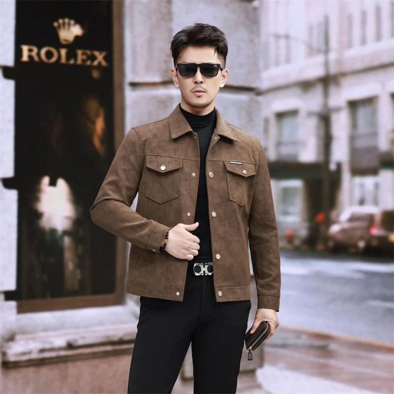 Suede Leather Jacket Men's Slim-fit High-grade Pu Handsome Retro Biker's by GJG Denim