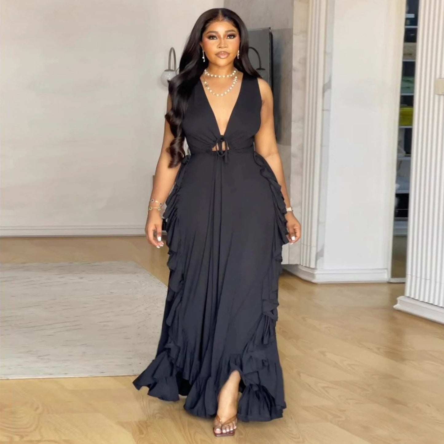 Ruffled High Waist Crop-top Spaghetti-strap Plus Size Dress by GJG Denim