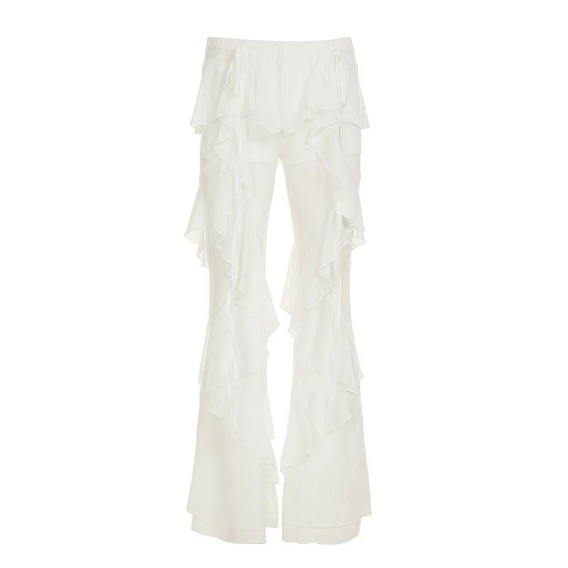 Womens Ruffle-Trimmed, Layered Mesh Pants by GJG Denim