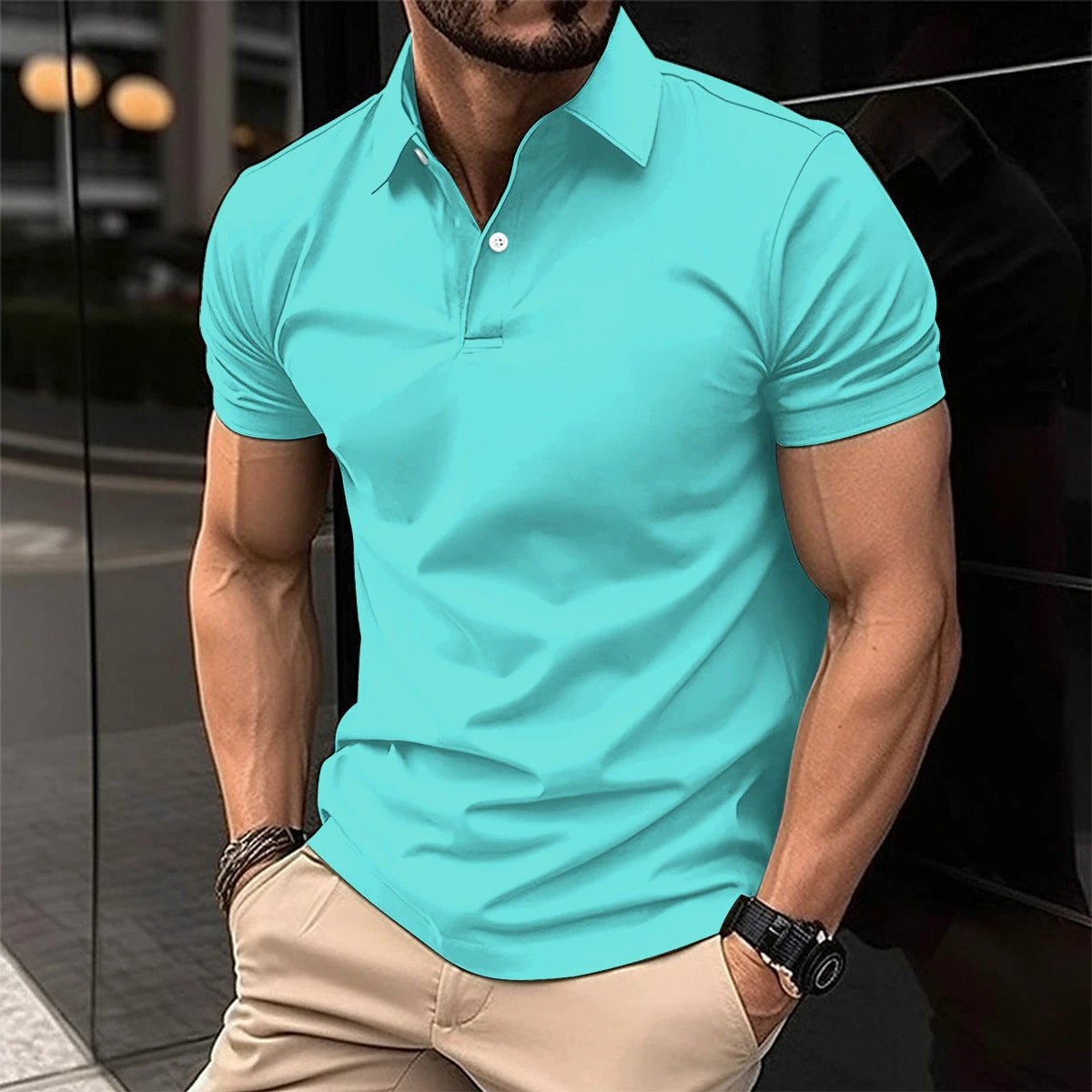 Short Sleeve Polo Shirt Men Solid Color Button Lapel Button Top by GJG Denim