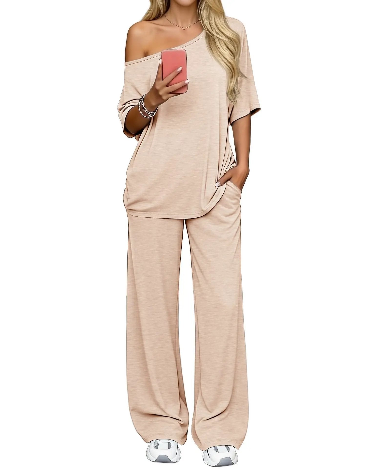 Off-shoulder Loose Casual Short-sleeve Top And Wide-leg Pants Two-piece Set by GJG Denim