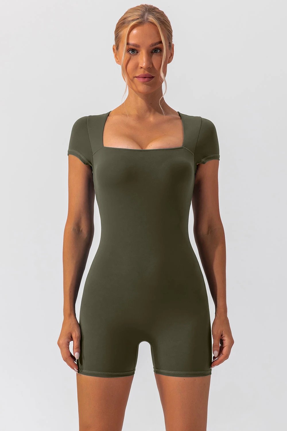 Square Neck Cap Sleeve Active Romper by Lady Ros