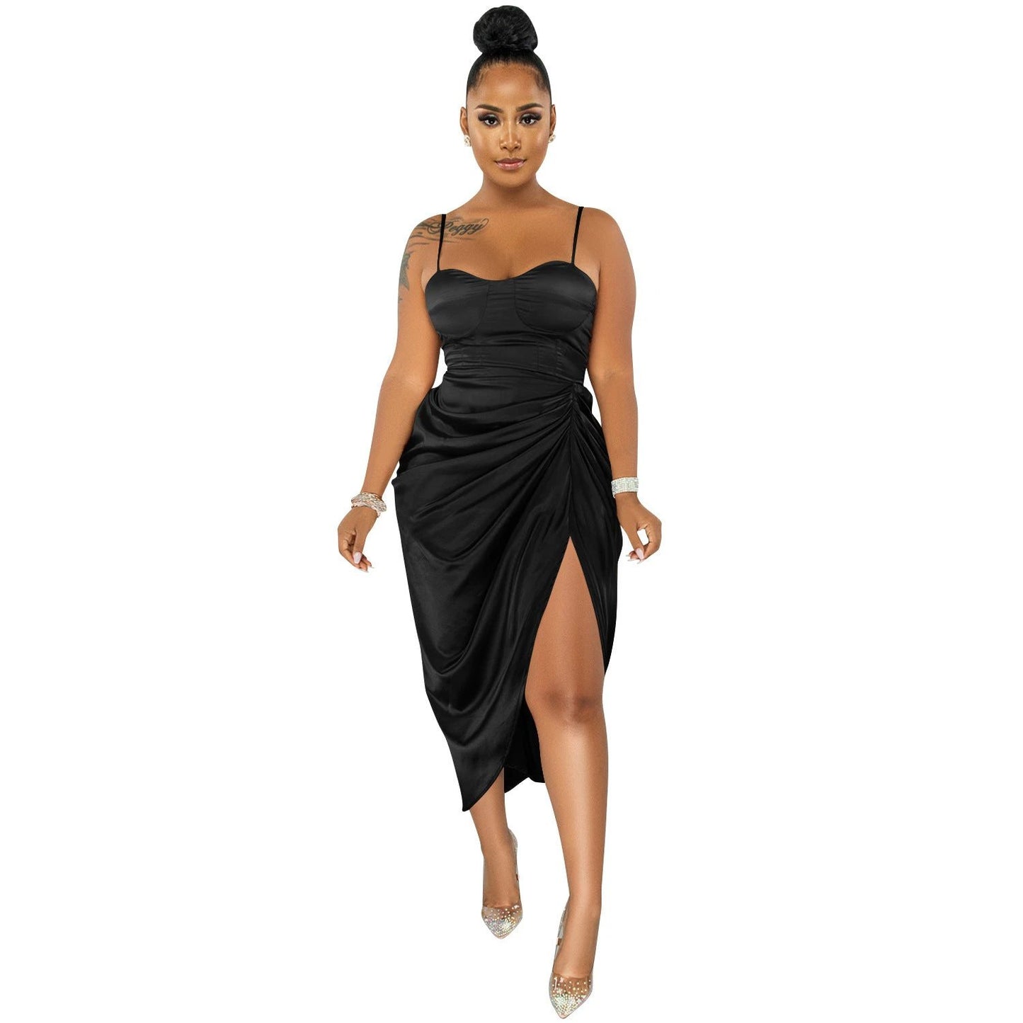 Fashion Solid Color Women's Sling Wrap Chest Ruched Slit Dress by GJG Denim