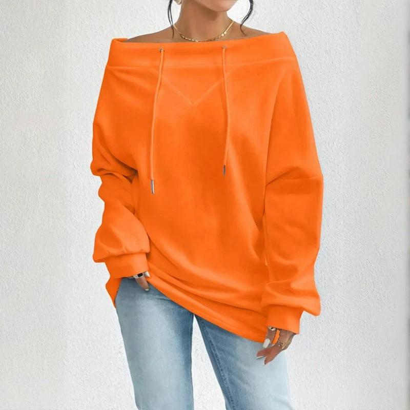 Plus Size Women's Solid Color Off-Shoulder Long Sleeve Pullover With Drawstring - Casual Ribbed Detail Top For Spring&Fall by GJG Denim