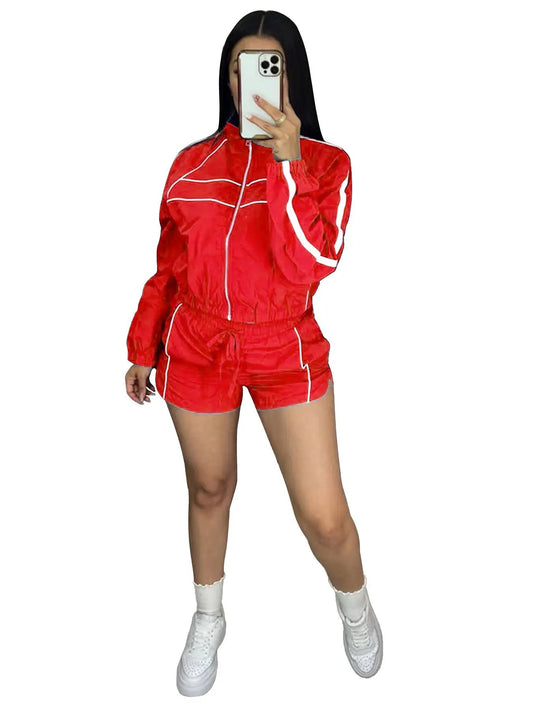 Zippered Contrast-Color Webbing Shorts Womens Two-Piece Set by GJG Denim