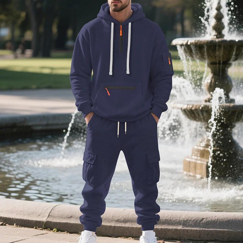 Men's Loose Sports And Leisure Suit Sweater Fleece-lined Hoodie Set Zipper Multi-Pocket Pullover Men's Sports Casual Top Two-piece Set by GJG Denim