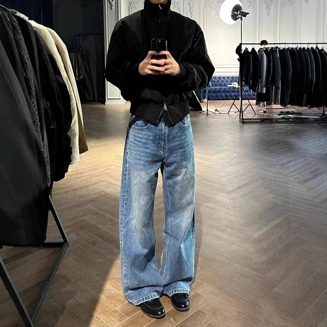 Men's Washed Distressed A- Line Loose Straight Jeans by GJG Denim