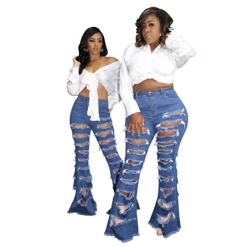 New Washing Trend Large Size Women's Torn Jeans by GJG Denim