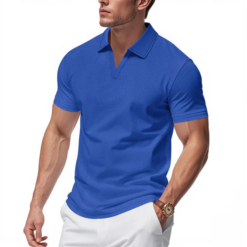 Summer Men's Loose Leisure Sports V-neck Waffle Short Sleeve Lapel Polo Shirt Men by GJG Denim