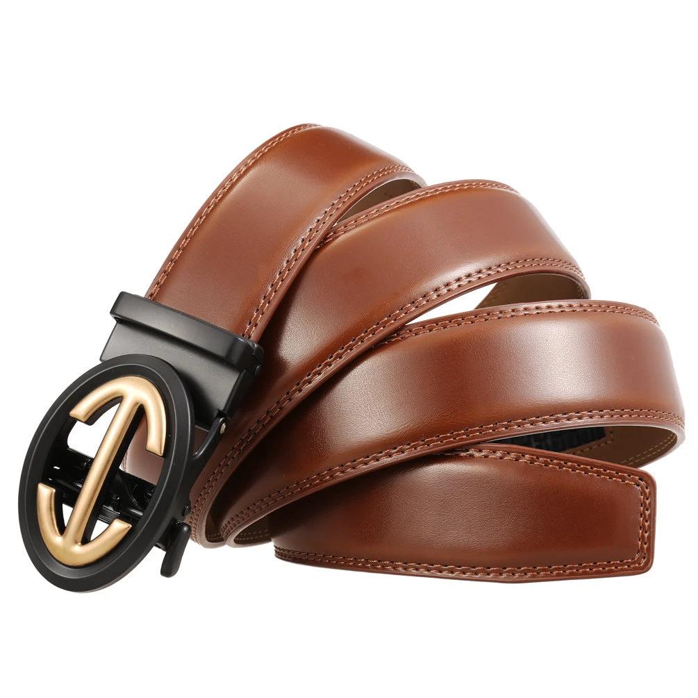 Men's Automatic Alloy Buckle Simple Two-layer Cowhide Belts by GJG Denim