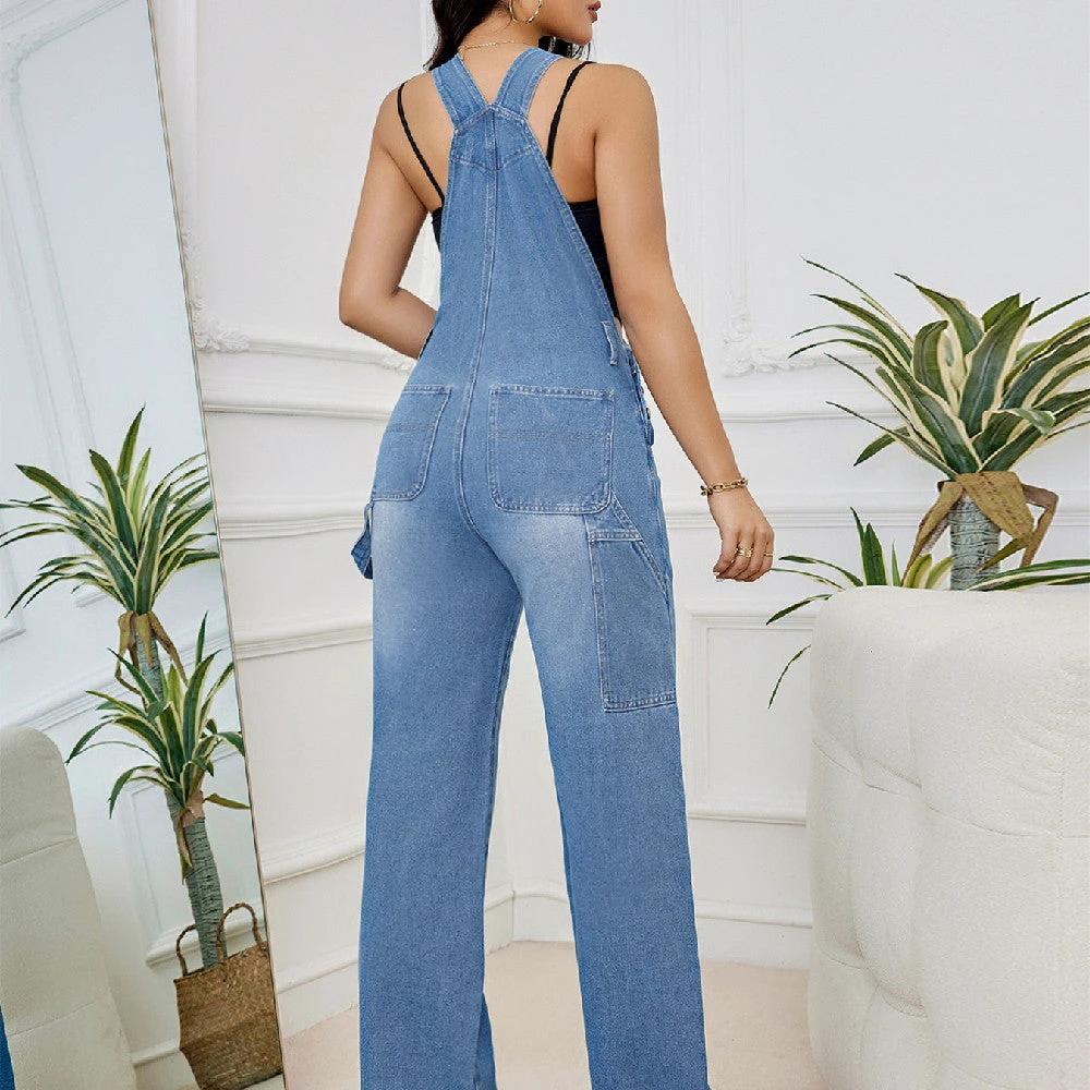 Women's Washed Denim Suspender Pants by GJG Denim