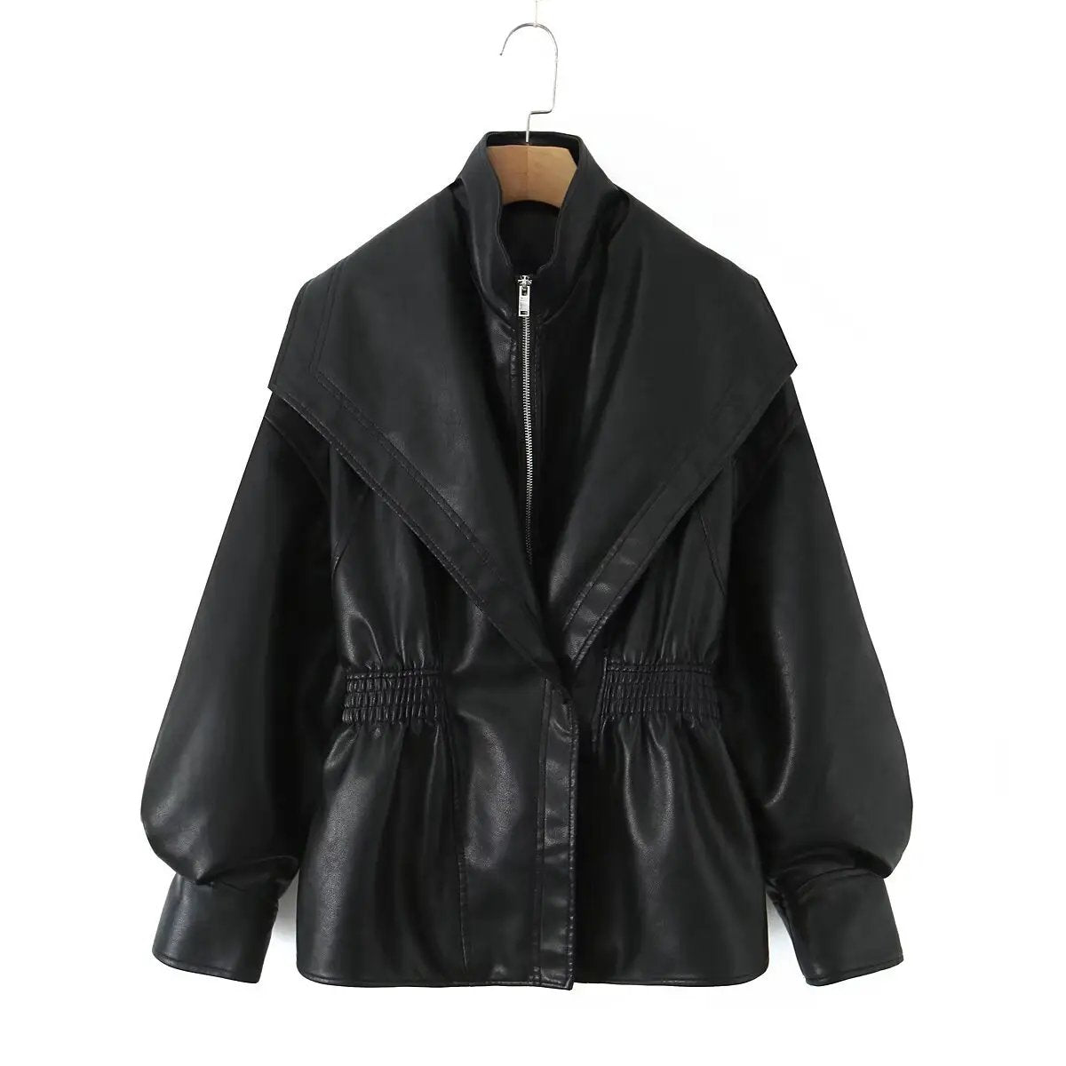 Turn-down Collar Loose Leather Jacket Womens Top by GJG Denim