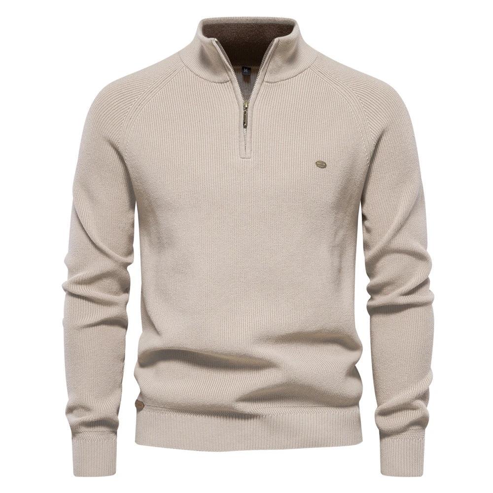 Men's Zipper Stand Collar Knitted Sweater Fashion Slim Solid Color Long Sleeve Half Turtleneck Top Men's Clothing by GJG Denim