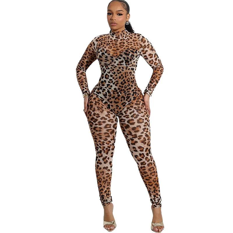Women's Fashion Sexy Mesh Leopard Print High Waist Figure Flattering Sheath Jumpsuit by GJG Denim
