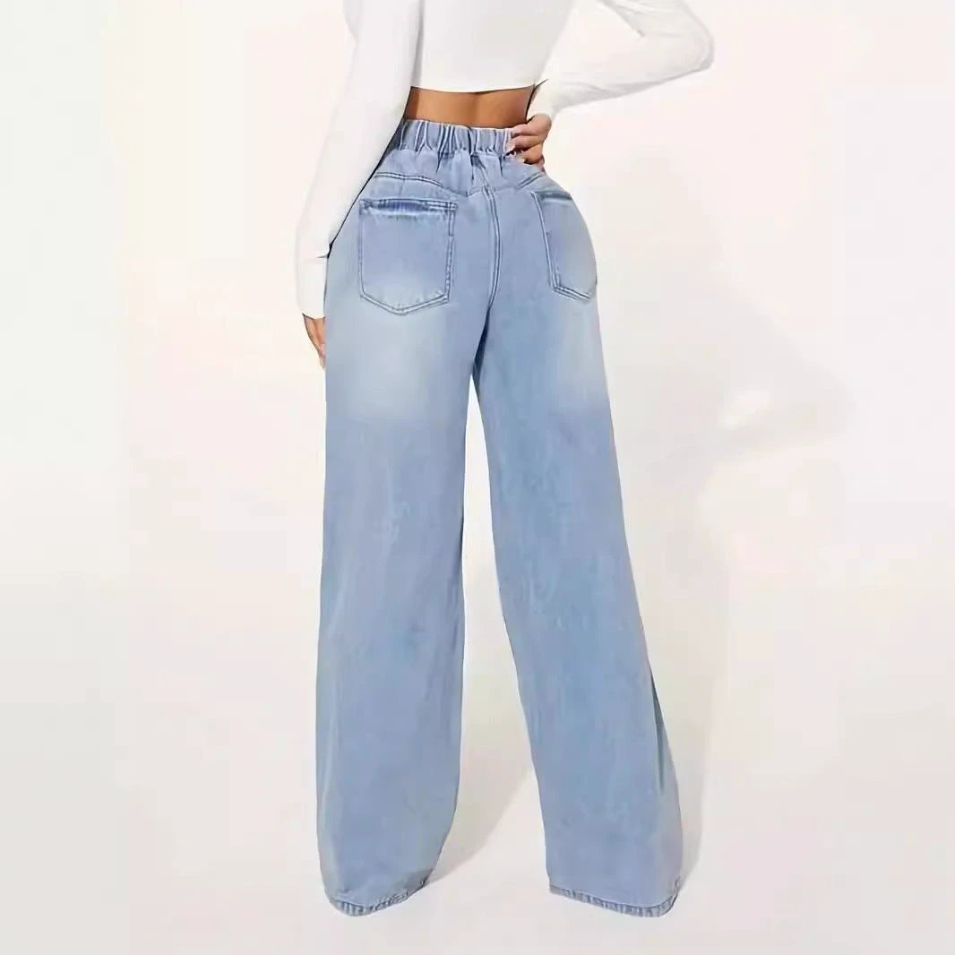 High Waist Drawstring Loose Wide Leg Light Blue Jeans by GJG Denim