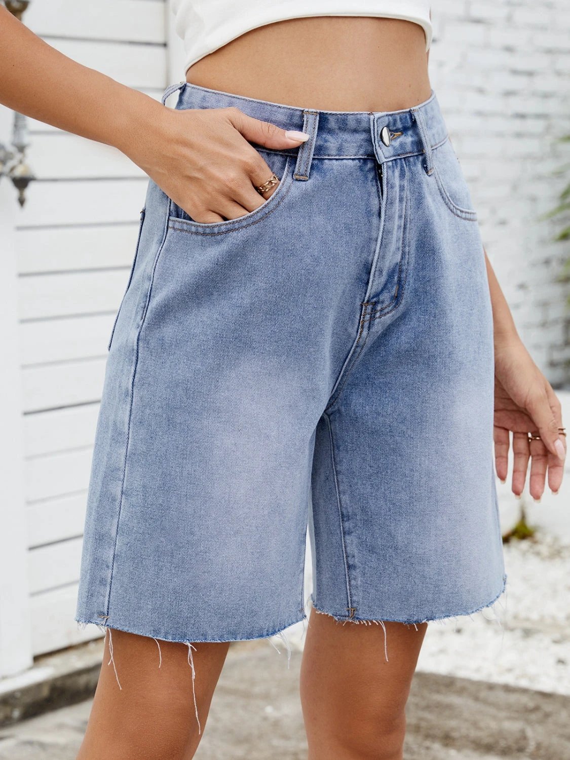 Washed Raw Hem Denim Shorts by Lady Ros