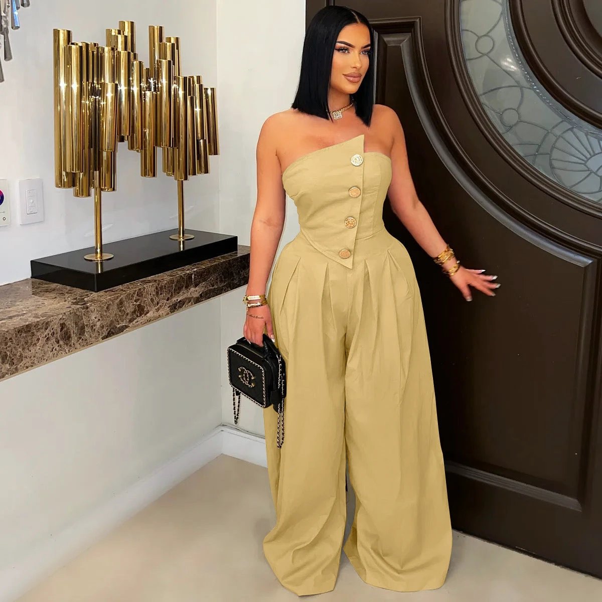 Sexy Tube Top Sleeveless Metal Button Wide Leg Jumpsuit by GJG Denim