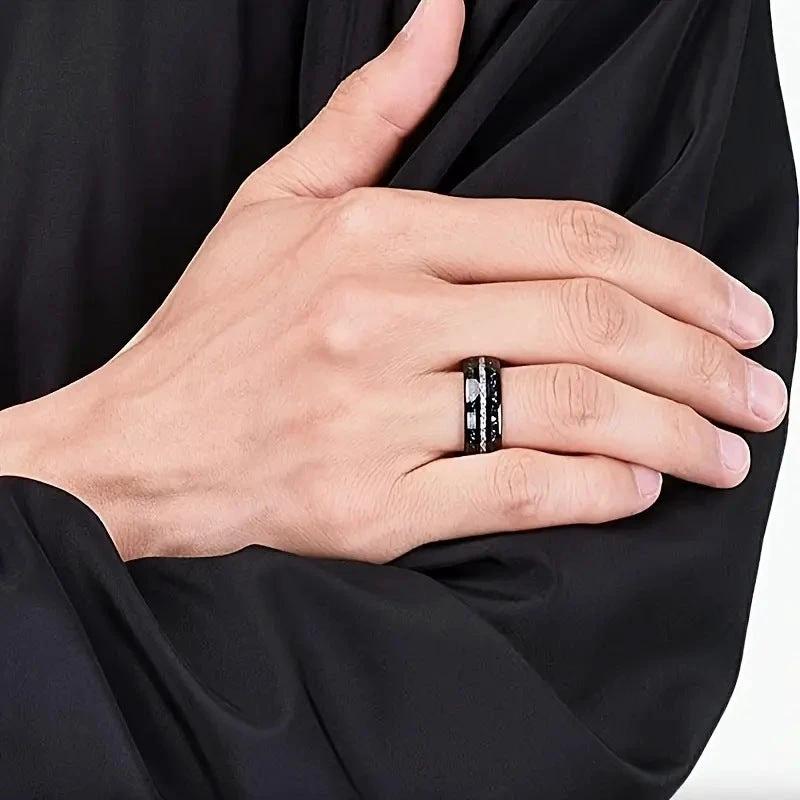 Stainless Steel With Starry Sky Colorful Silver Silk Opal Ring For Men by GJG Denim