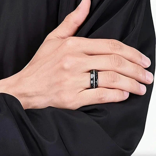 Stainless Steel With Starry Sky Colorful Silver Silk Opal Ring For Men by GJG Denim
