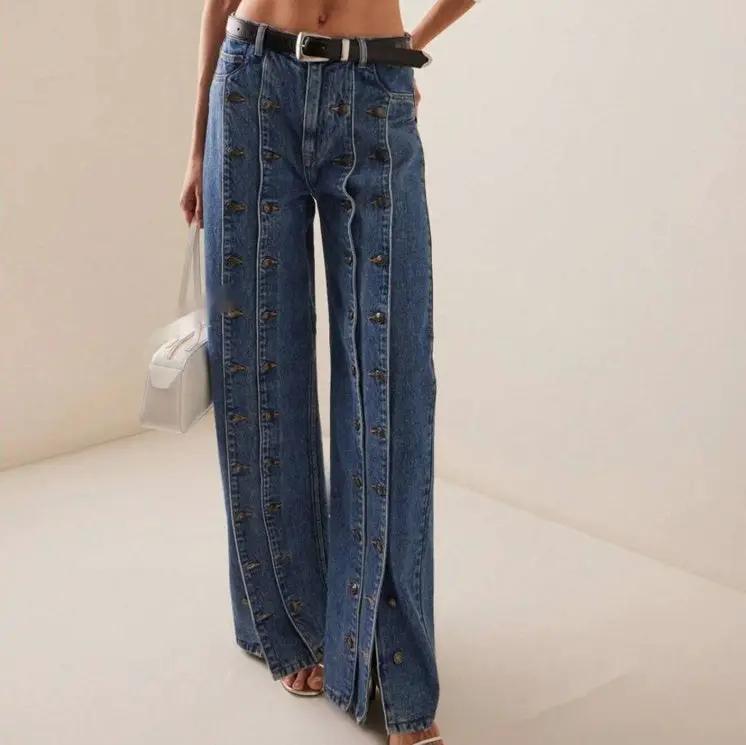Fashionable Button-Front Slit Straight-Jeans by GJG Denim