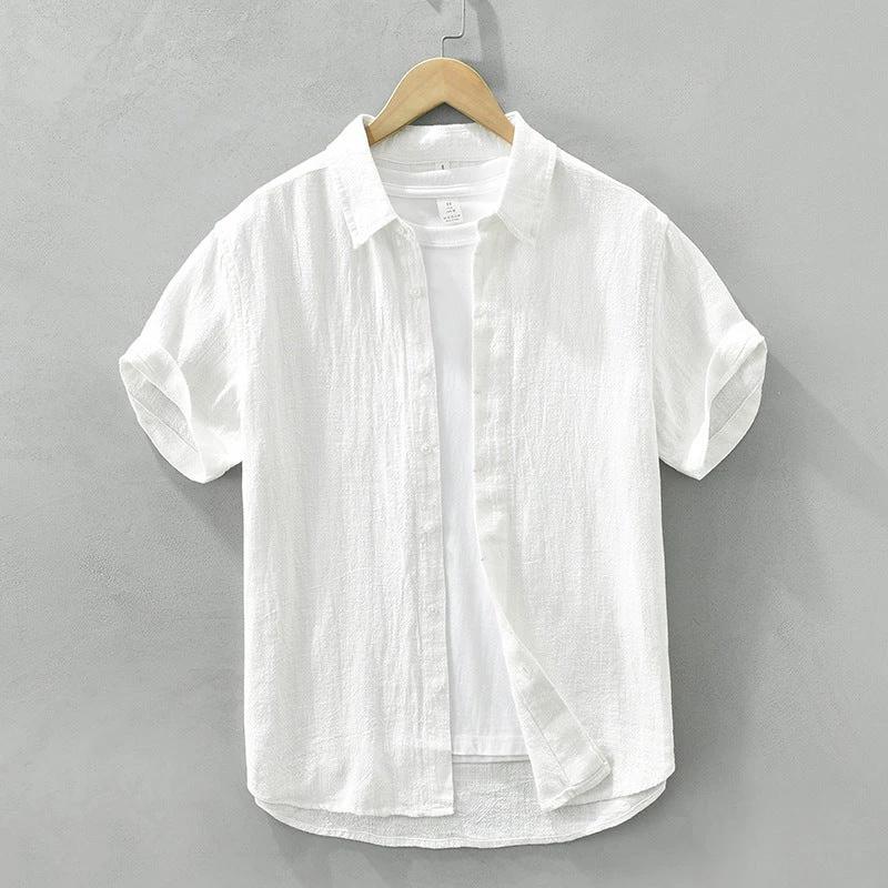 Comfortable Breathable Cotton And Linen Lapel Short Sleeve Shirt by GJG Denim