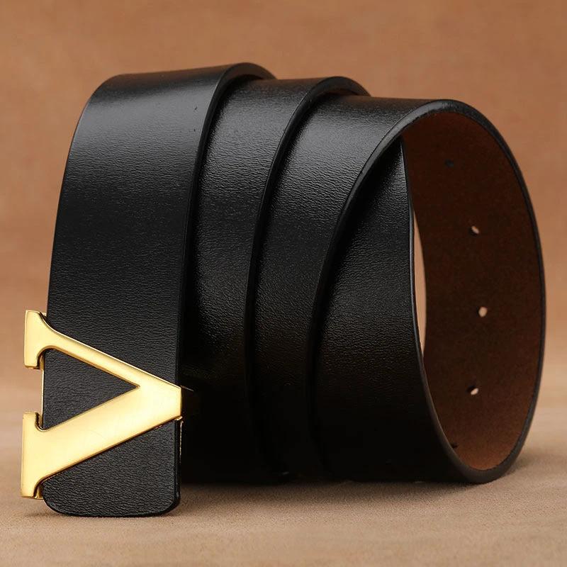 Men's Retro Smooth Genuine Leather Pure Cowhide Letter V Belts by GJG Denim