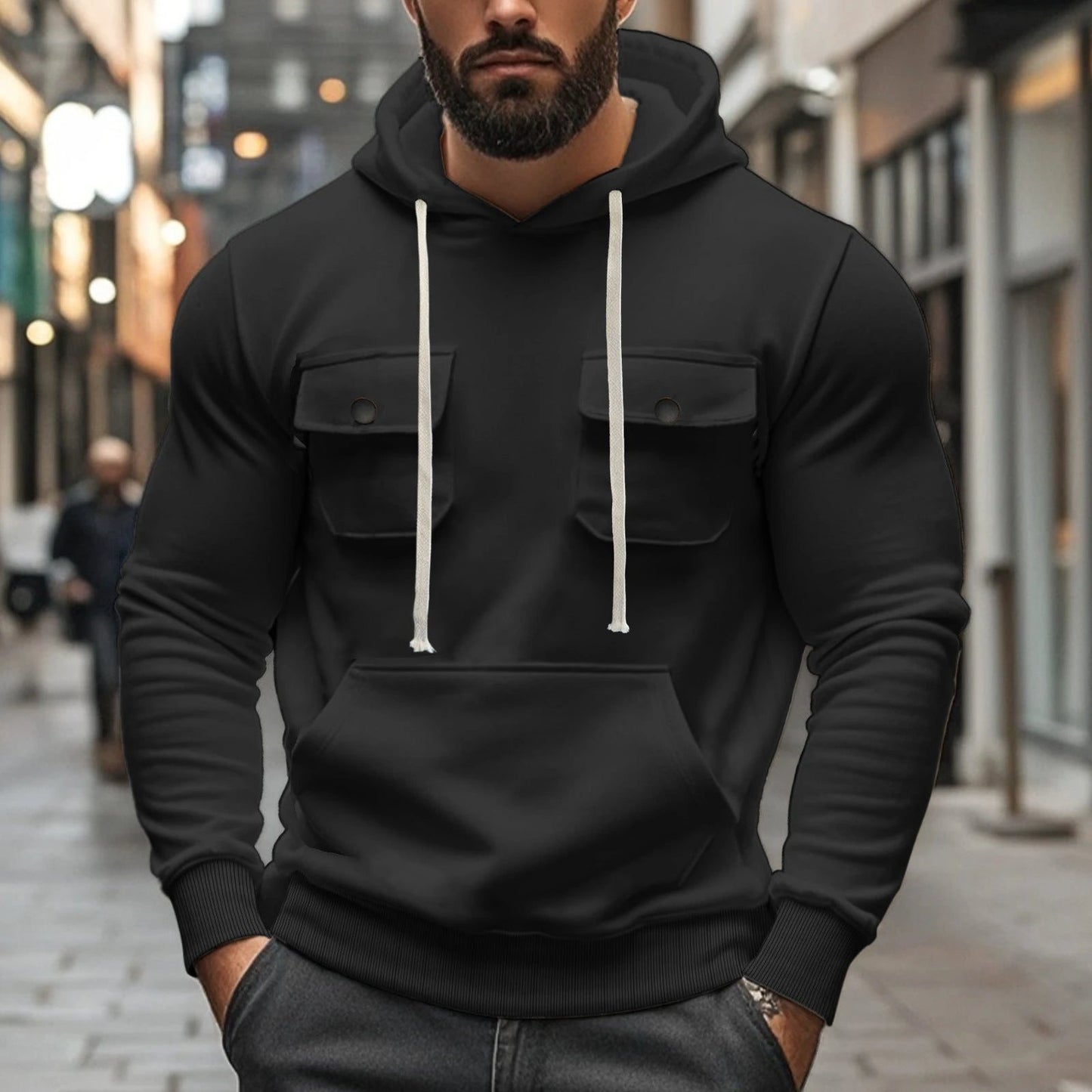 Men's Multi-pocket Long Sleeve Solid Color Hoodies by GJG Denim