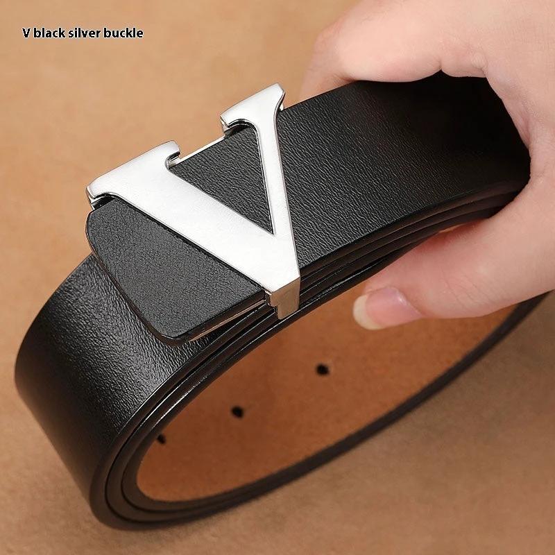 Men's Retro Smooth Genuine Leather Pure Cowhide Letter V Belts by GJG Denim