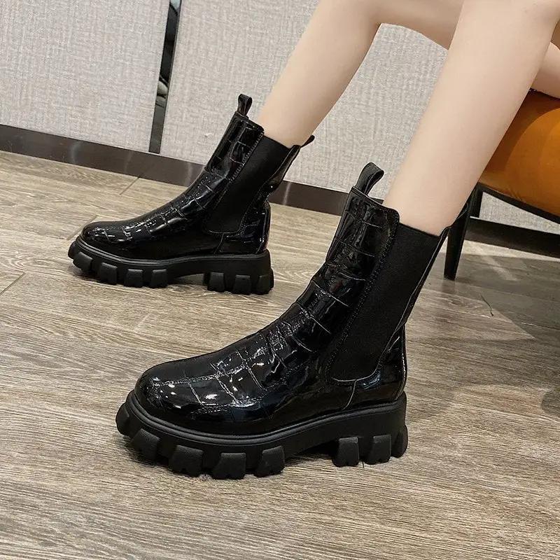 British Style Mid Calf Boots for Women - Autumn Winter Thick Sole Chunky Heel Ankle Boots by GJG Denim
