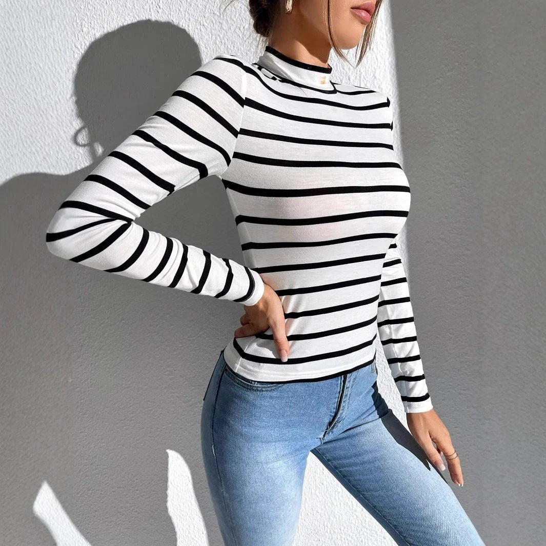 Mock-neck Stripes Bottoming Shirt Women's Long Sleeve Inner Wear by GJG Denim