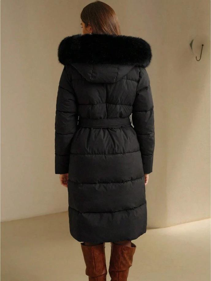Anewsta Women's Solid Color Long Sleeve Zip Up Hooded Padded Coat With Faux Fur Trim by GJG Denim