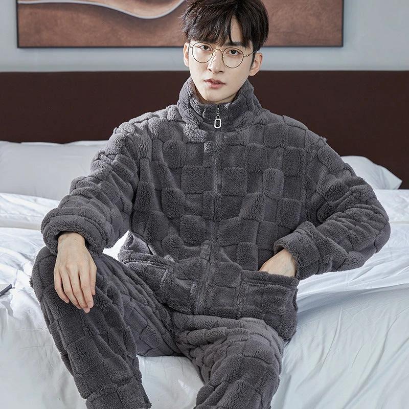 Pajamas Men's Jacquard Flannel Loose Fleece-lined Warm Loungewear by GJG Denim
