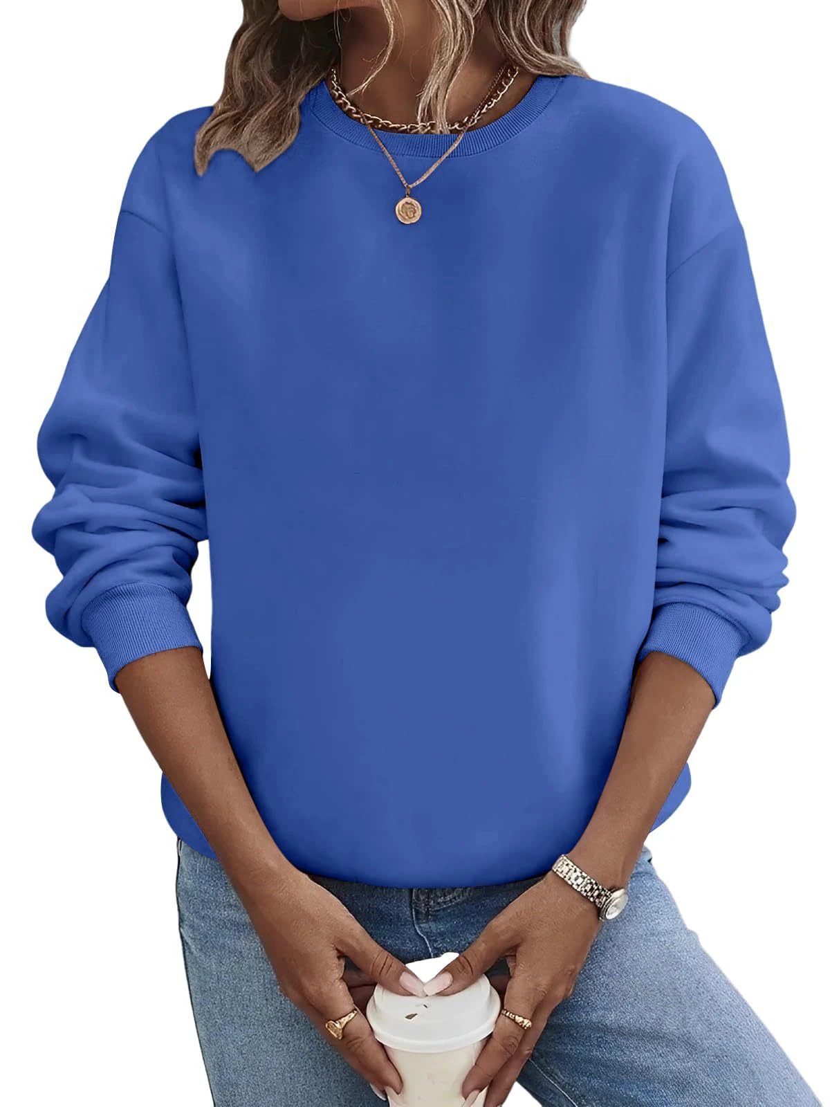 Solid Color Blank Round Neck Plus Size Fashion Sweater by GJG Denim