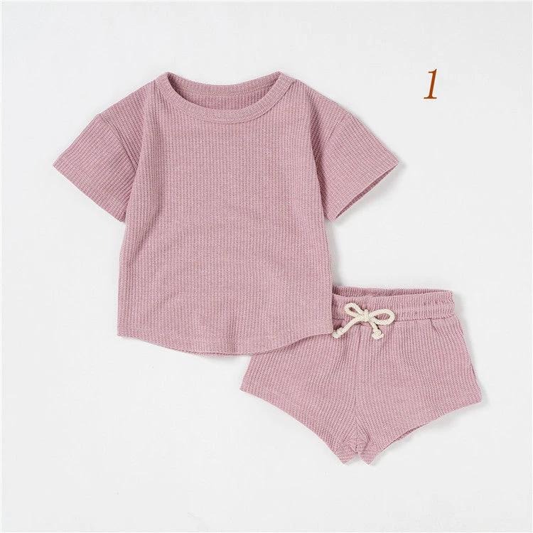 Children's Short-sleeved Suit Solid Color Baby Short Sleeve Two-piece Suit by GJG Denim