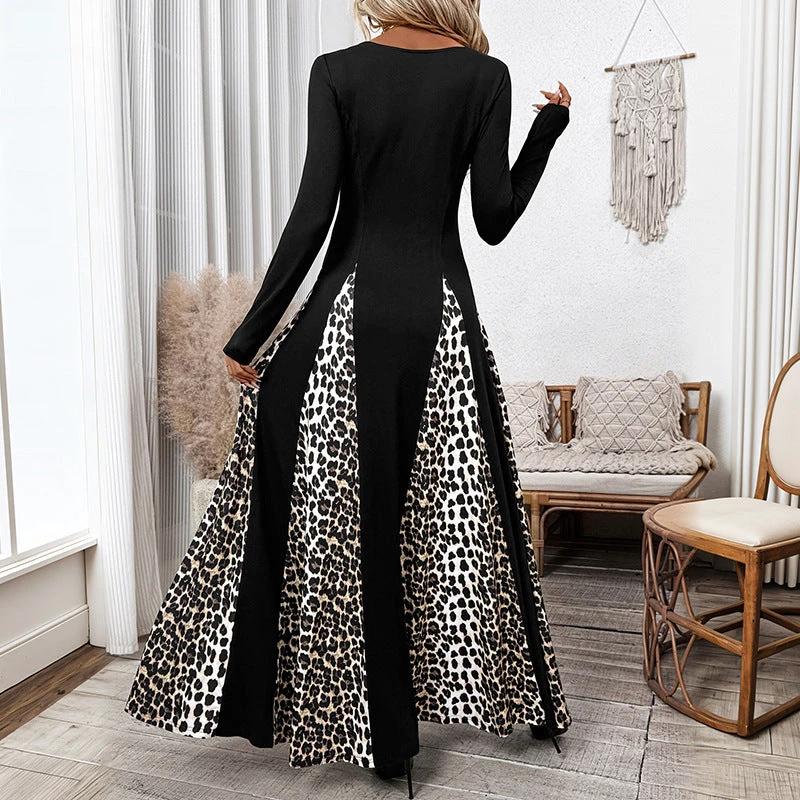 Elegant Retro Style Square Collar Long Sleeve Leopard Splicing Dress by GJG Denim