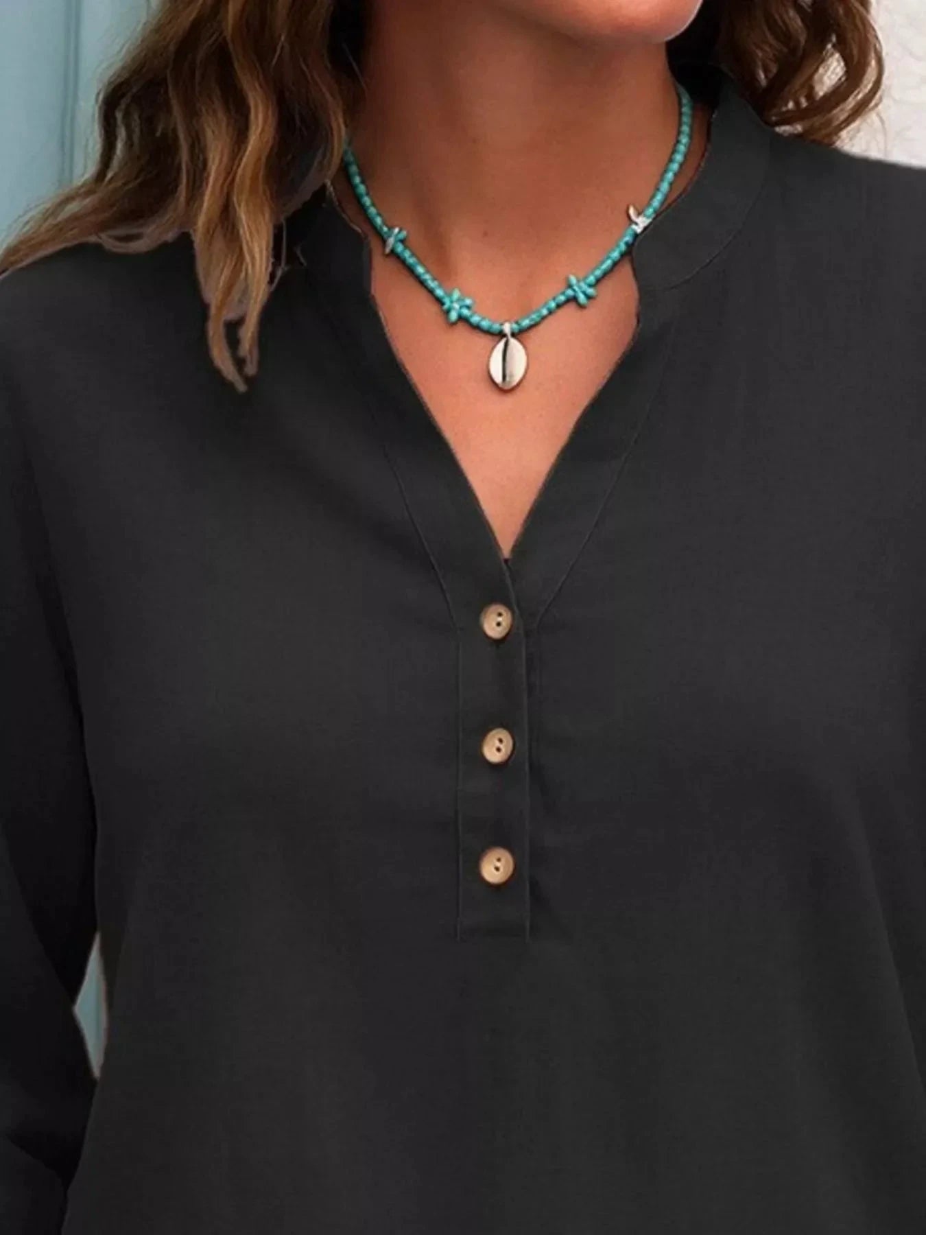 Full Size Button Detail Notched Long Sleeve Blouse Plus Size by Lady Ros