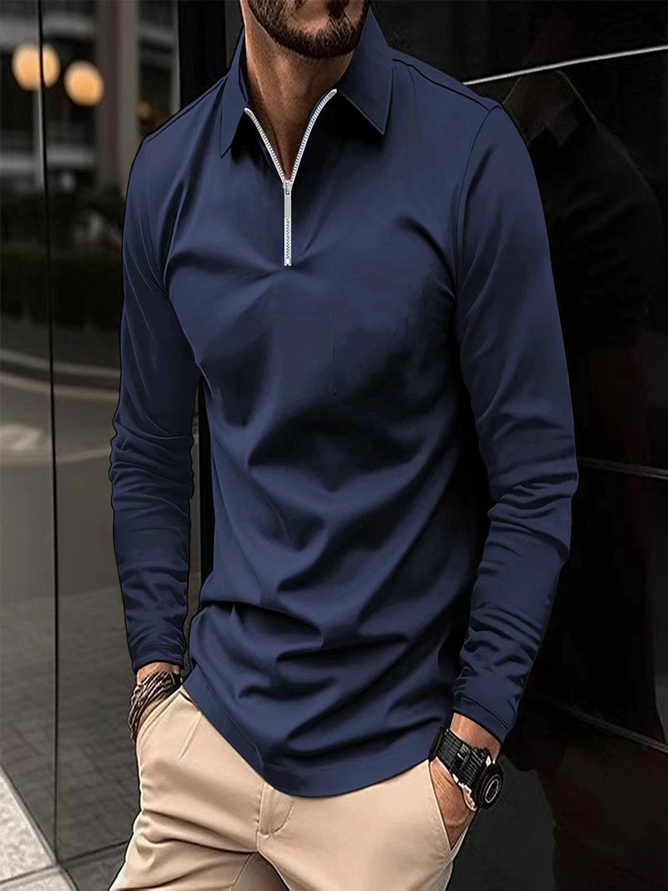 Zipper Men's Solid Color Long Sleeve Sports Polo Shirt by GJG Denim