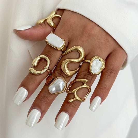 Open-end Pearl Ring Set Geometric Ring by GJG Denim