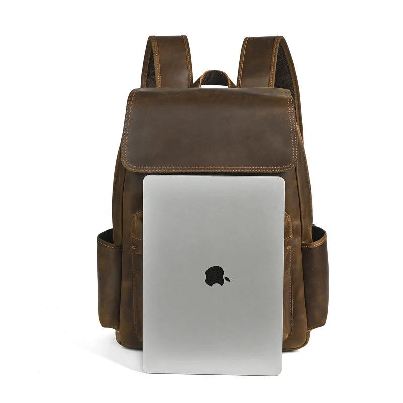 Flip-Top Design Multi-Pocket High-Capacity Commuter Leather Backpack For Men by GJG Denim