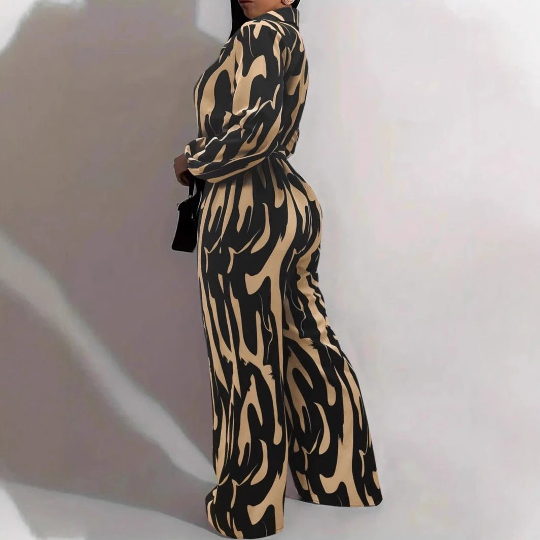 Womens Stylish Wide-leg Jumpsuit With Long Sleeves Floral Print And A Fitted Waist by GJG Denim