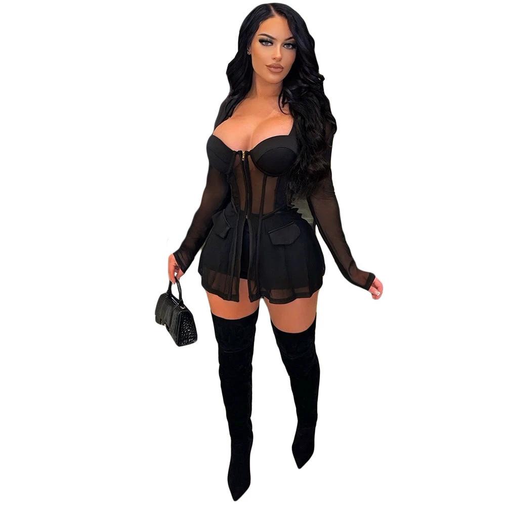 Gauze Mesh Sheer Two Piece Sportswear Women Zip Top Black Shorts Set by GJG Denim