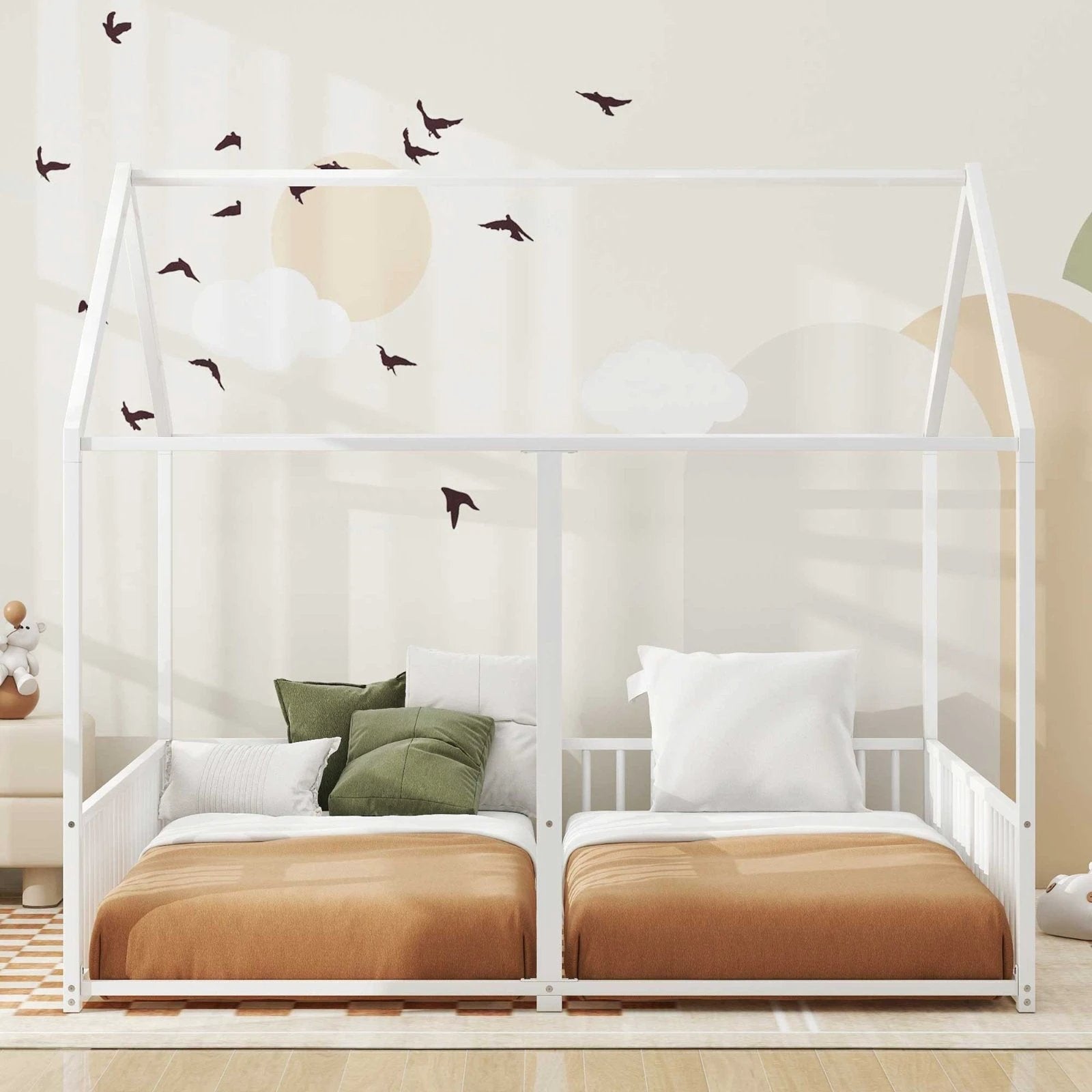 Metal Twin Size House Platform Beds, Two Shared Beds, White by GJG Denim