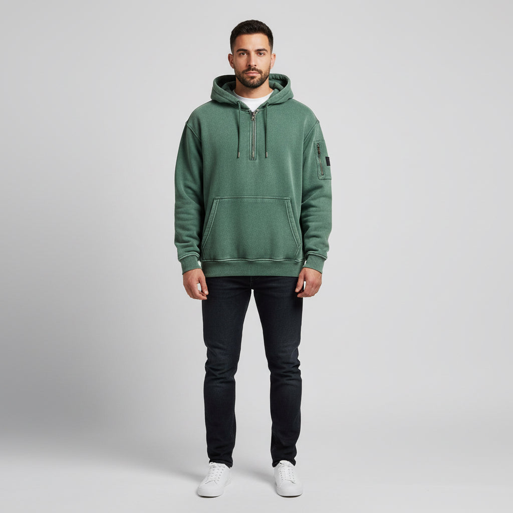Men's Solid-Color Zip-Up Casual Loose Long-Sleeve Hoodie by GJG Denim