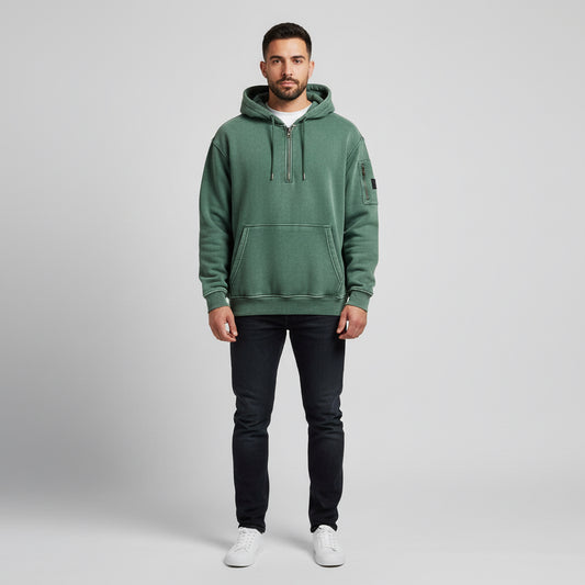 Men's Solid-Color Zip-Up Casual Loose Long-Sleeve Hoodie by GJG Denim